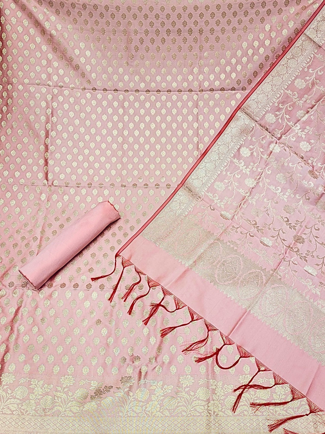 Two-toned Banarasi Silk Dress Material with Floral Woven Motifs & Jhalar dupatta