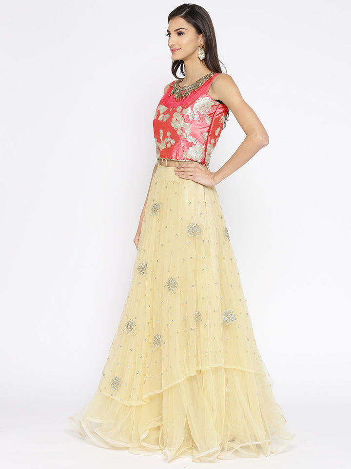 Red Resham and Nakshi Embellished Crop top Lehanga set