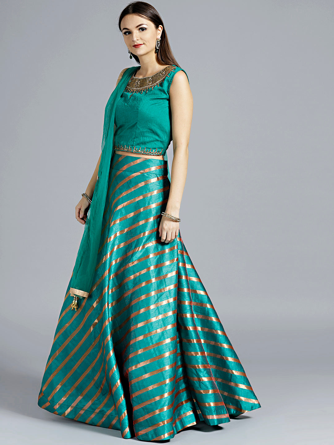 Contemporary Striped Lehenga with Zircon Embellished Crop top