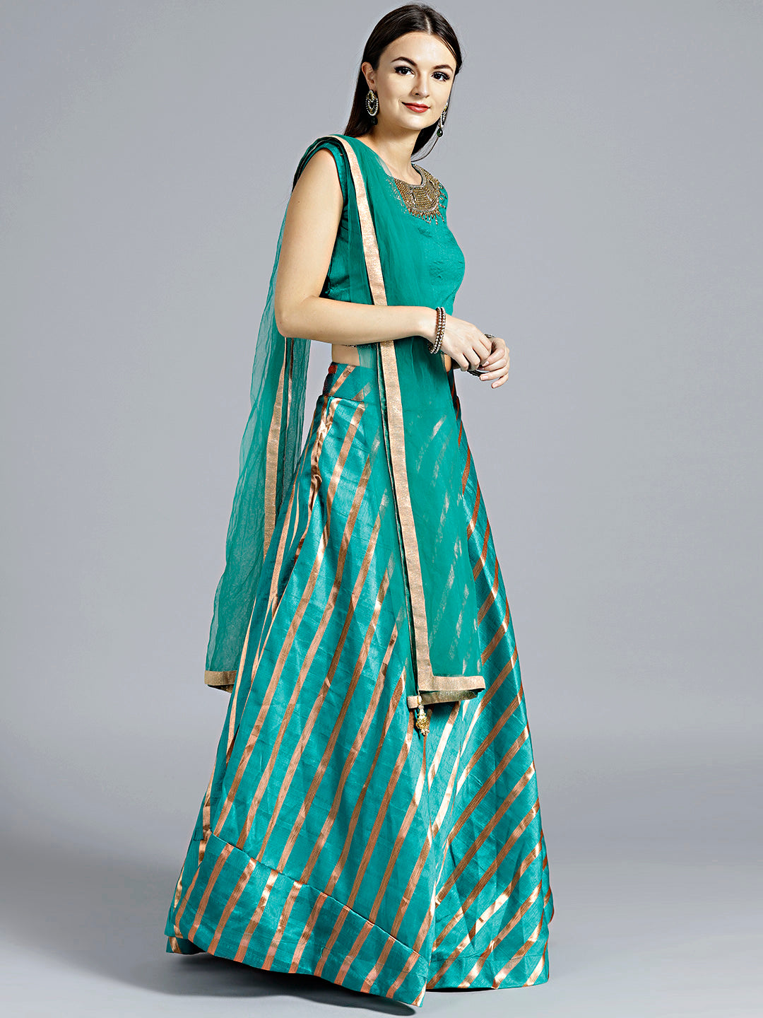 Contemporary Striped Lehenga with Zircon Embellished Crop top
