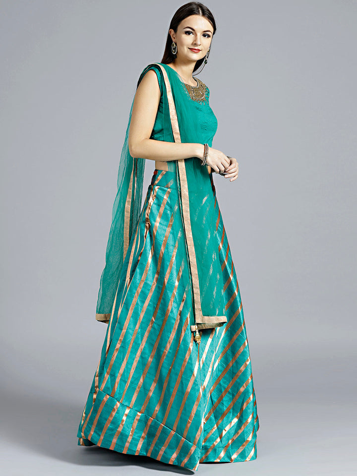 Contemporary Striped Lehenga with Zircon Embellished Crop top