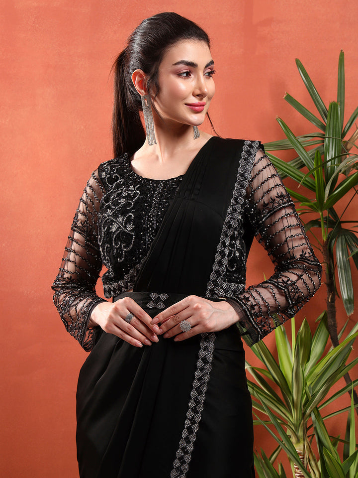 Pre-Stitched Draped Saree with Sequin Cut-Dana Embroidery Blouse & Embellished Belt