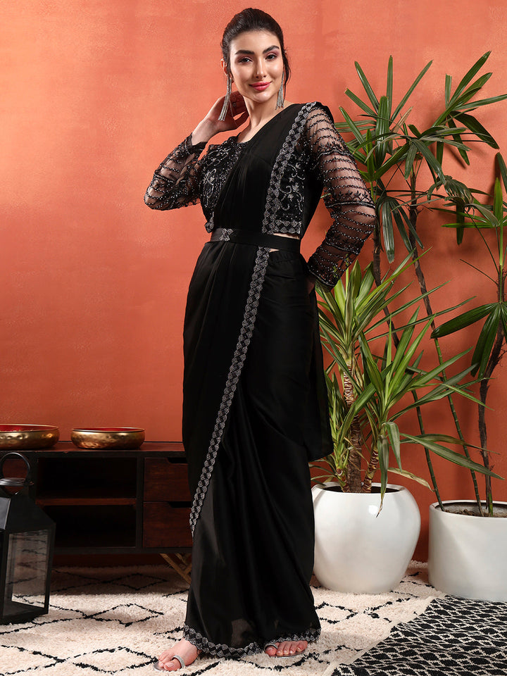 Pre-Stitched Draped Saree with Sequin Cut-Dana Embroidery Blouse & Embellished Belt