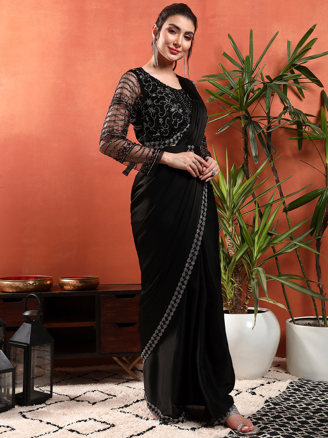 Pre-Stitched Draped Saree with Sequin Cut-Dana Embroidery Blouse & Embellished Belt