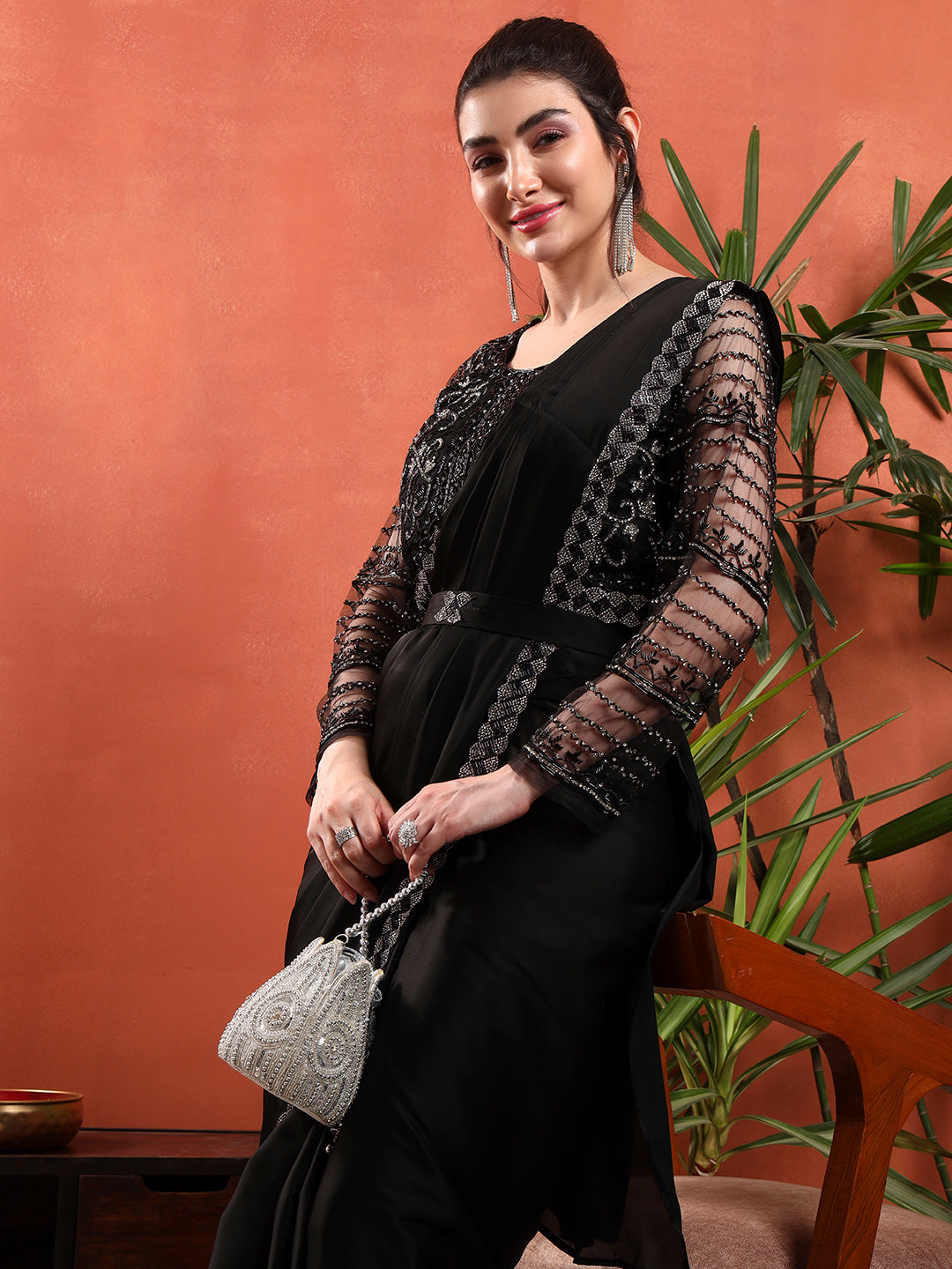 Pre-Stitched Draped Saree with Sequin Cut-Dana Embroidery Blouse & Embellished Belt