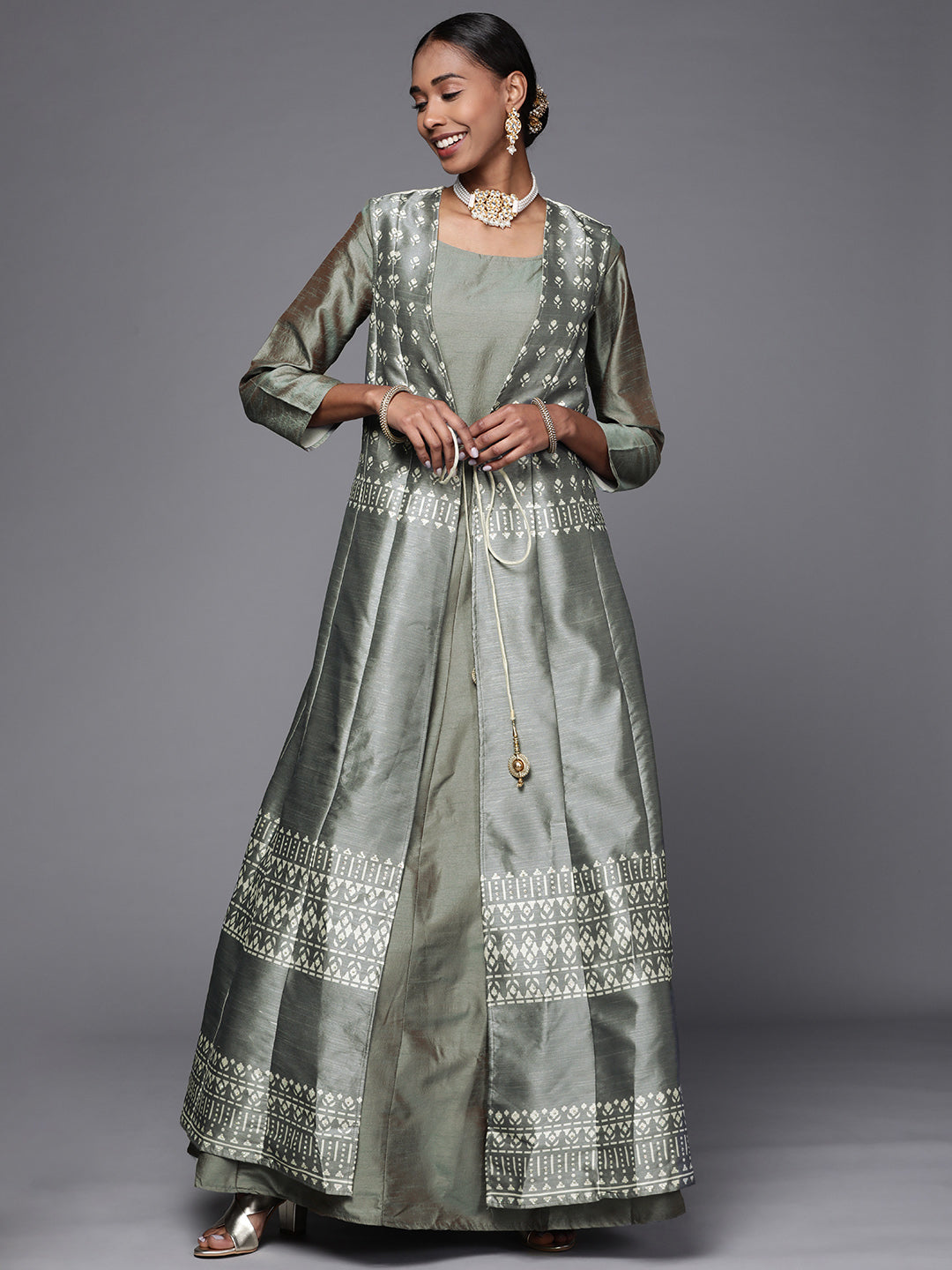 Grey Digital Print Ikat inspired Embellished Gown