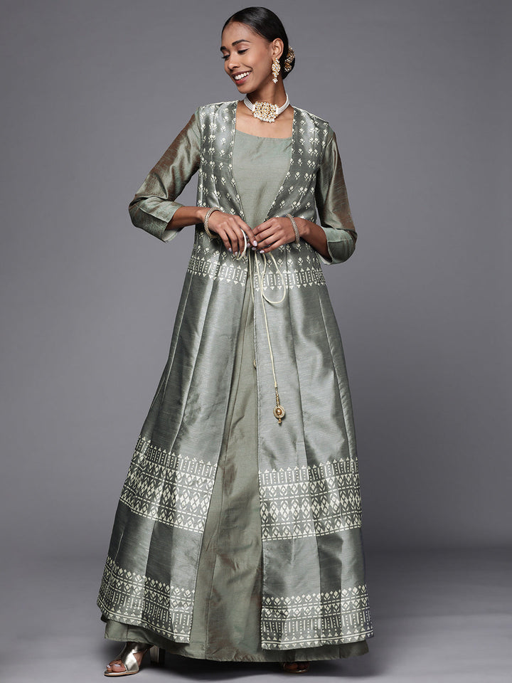 Grey Digital Print Ikat inspired Embellished Gown
