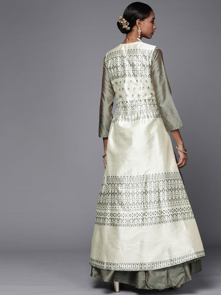 Grey Digital Print Ikat inspired Embellished Gown