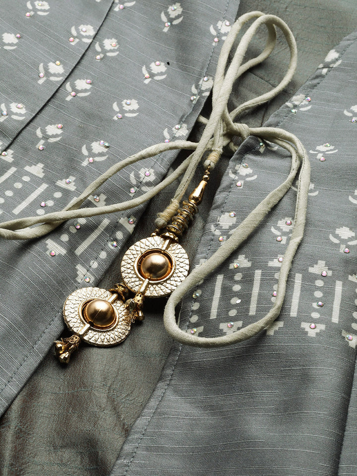 Grey Digital Print Ikat inspired Embellished Gown