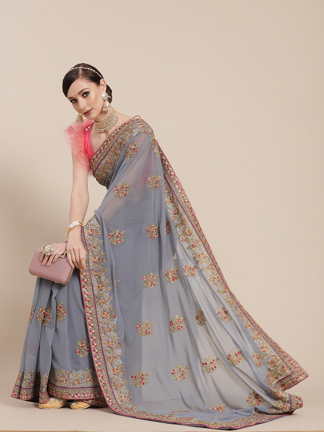 Grey Resham & Zari Embroidered Georgette Stone Work Embellished Saree