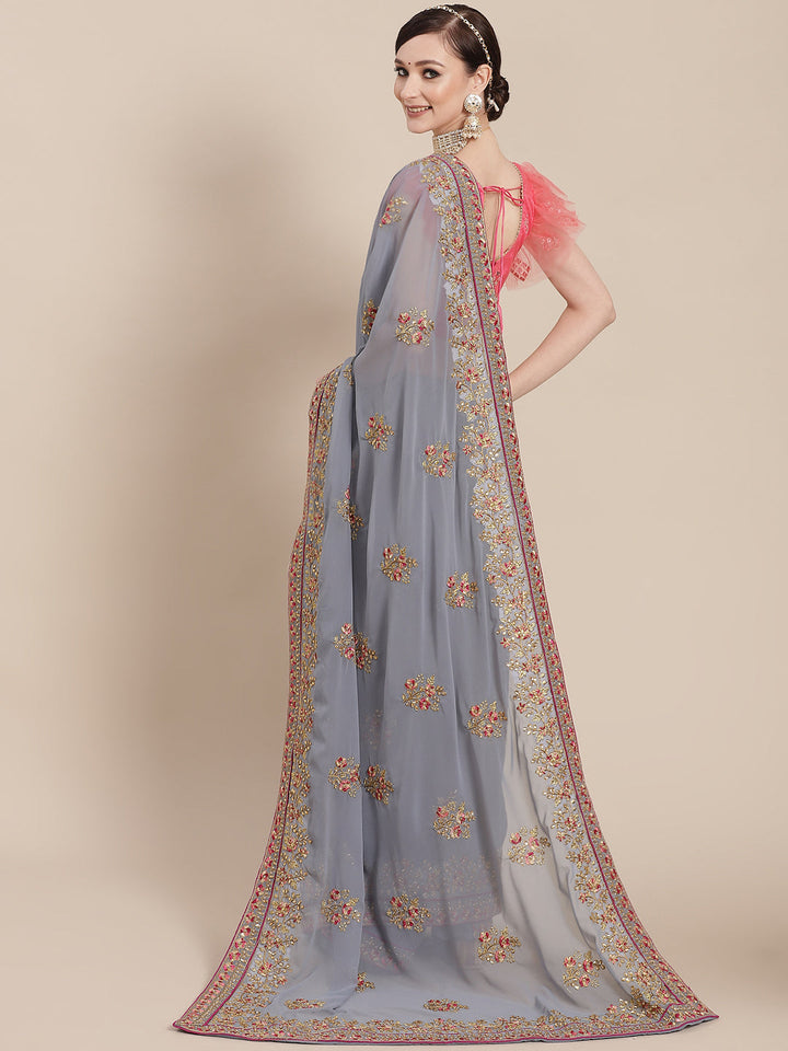 Grey Resham & Zari Embroidered Georgette Stone Work Embellished Saree