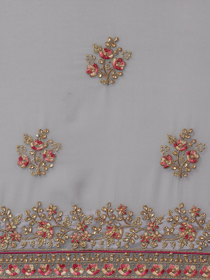 Grey Resham & Zari Embroidered Georgette Stone Work Embellished Saree