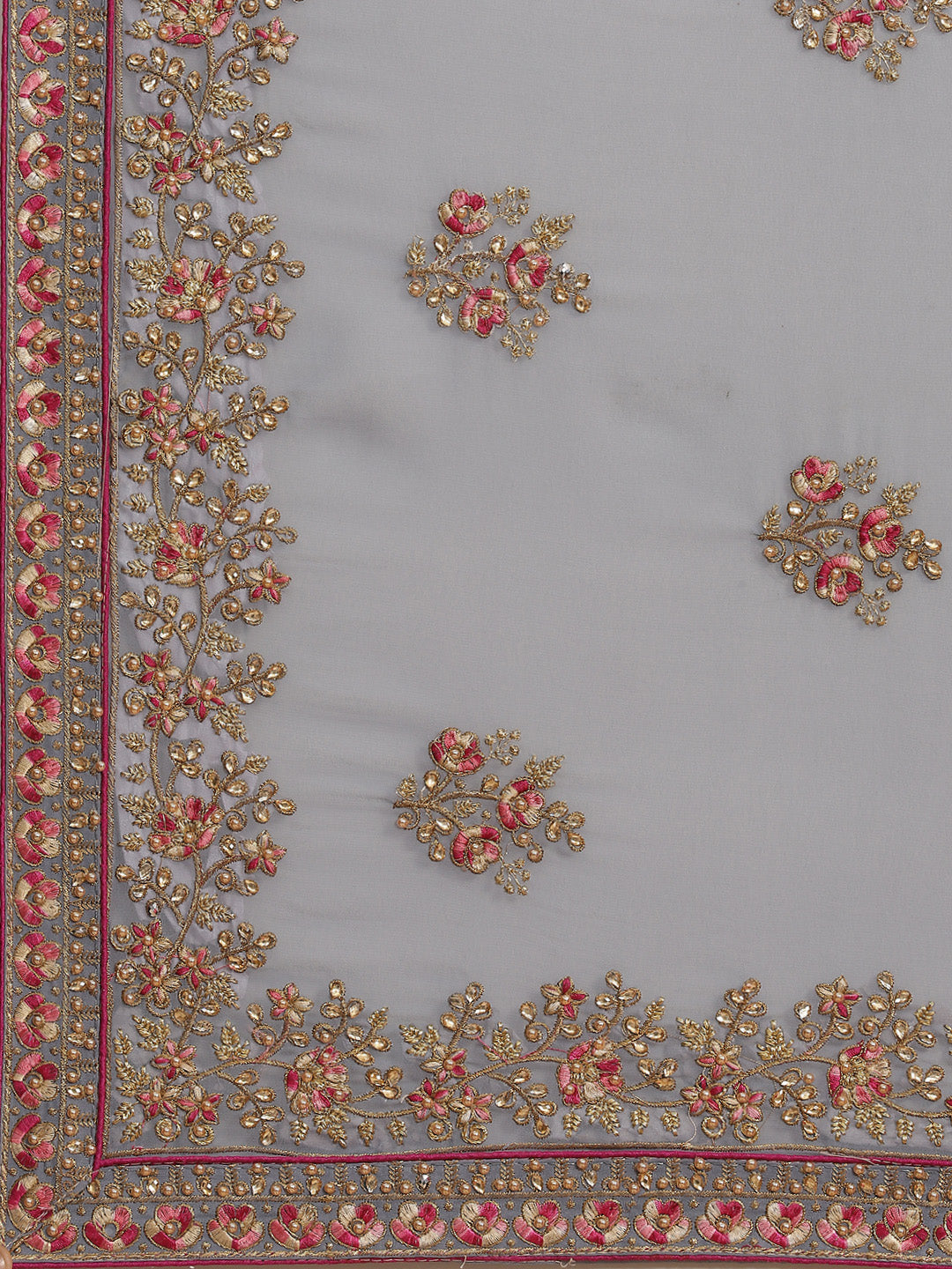 Grey Resham & Zari Embroidered Georgette Stone Work Embellished Saree