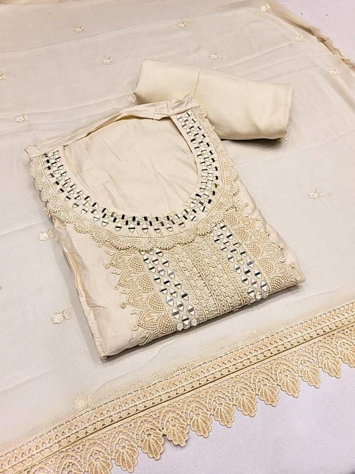 Mirror Embellished & Resham Embroidered Cotton Suit Dupatta with Crochet Cut work Laces