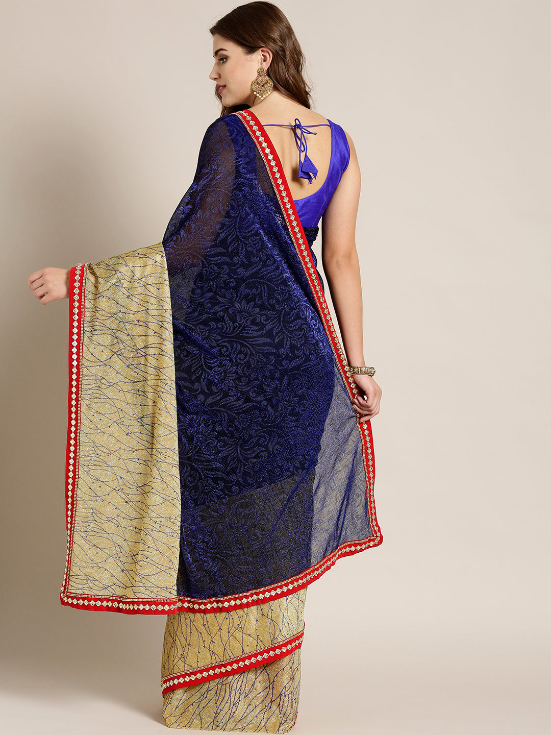 Embellished Lycra Panelled Saree with Metallic Foil Print