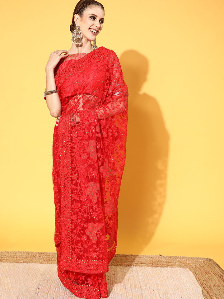 Red Resham Embroidered & Crystal Embellished Reception Net Saree
