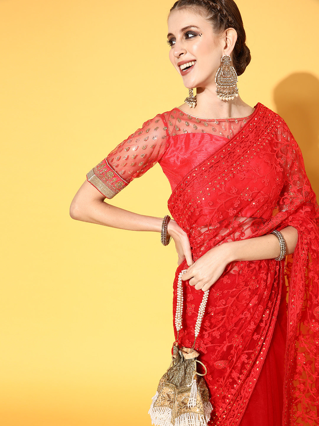 Red Resham Embroidered & Crystal Embellished Reception Net Saree