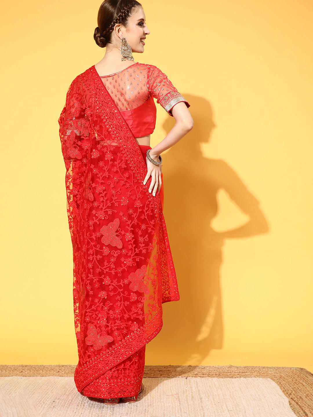 Red Resham Embroidered & Crystal Embellished Reception Net Saree