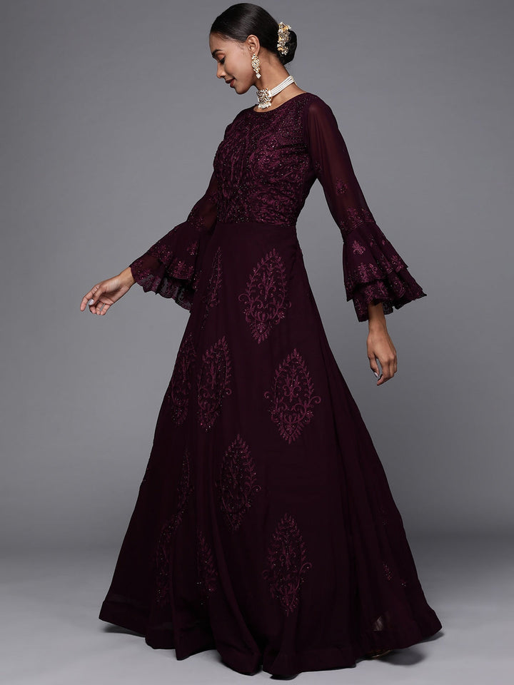 Burgundy Embellished Cocktail Gown with Resham Embroidery & Bell sleeves