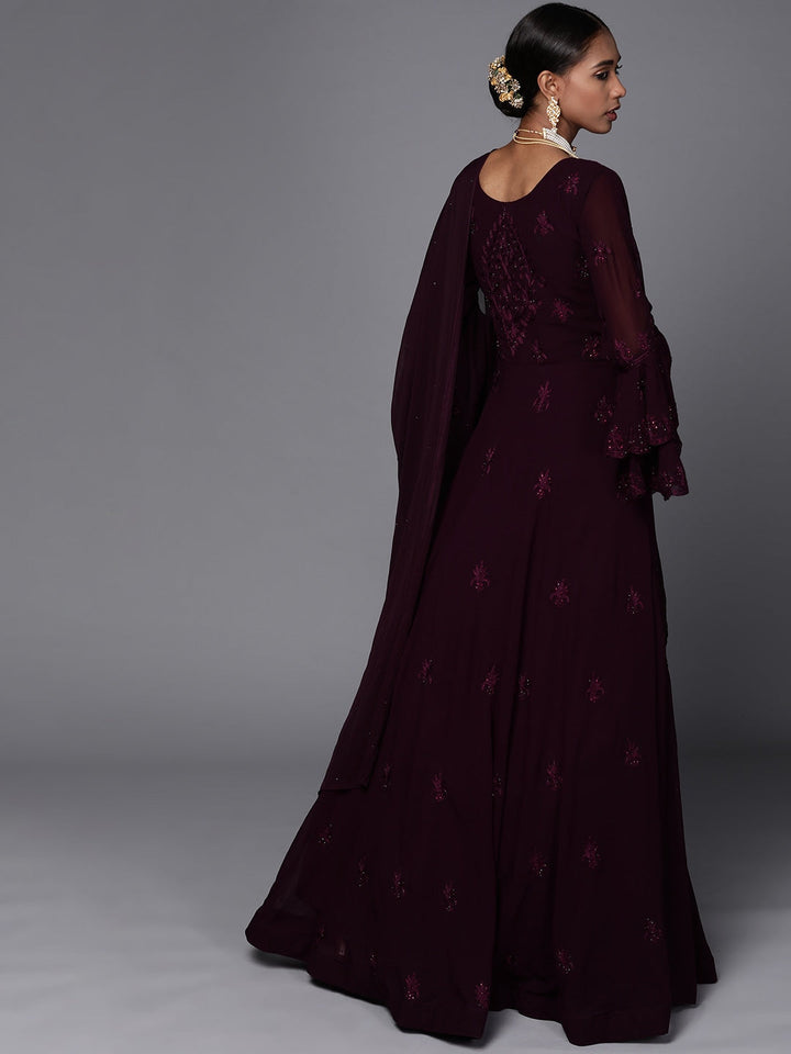 Burgundy Embellished Cocktail Gown with Resham Embroidery & Bell sleeves