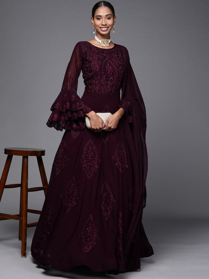 Burgundy Embellished Cocktail Gown with Resham Embroidery & Bell sleeves