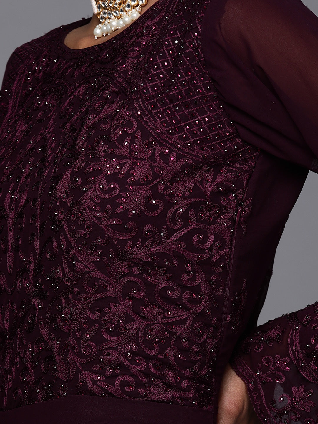 Burgundy Embellished Cocktail Gown with Resham Embroidery & Bell sleeves