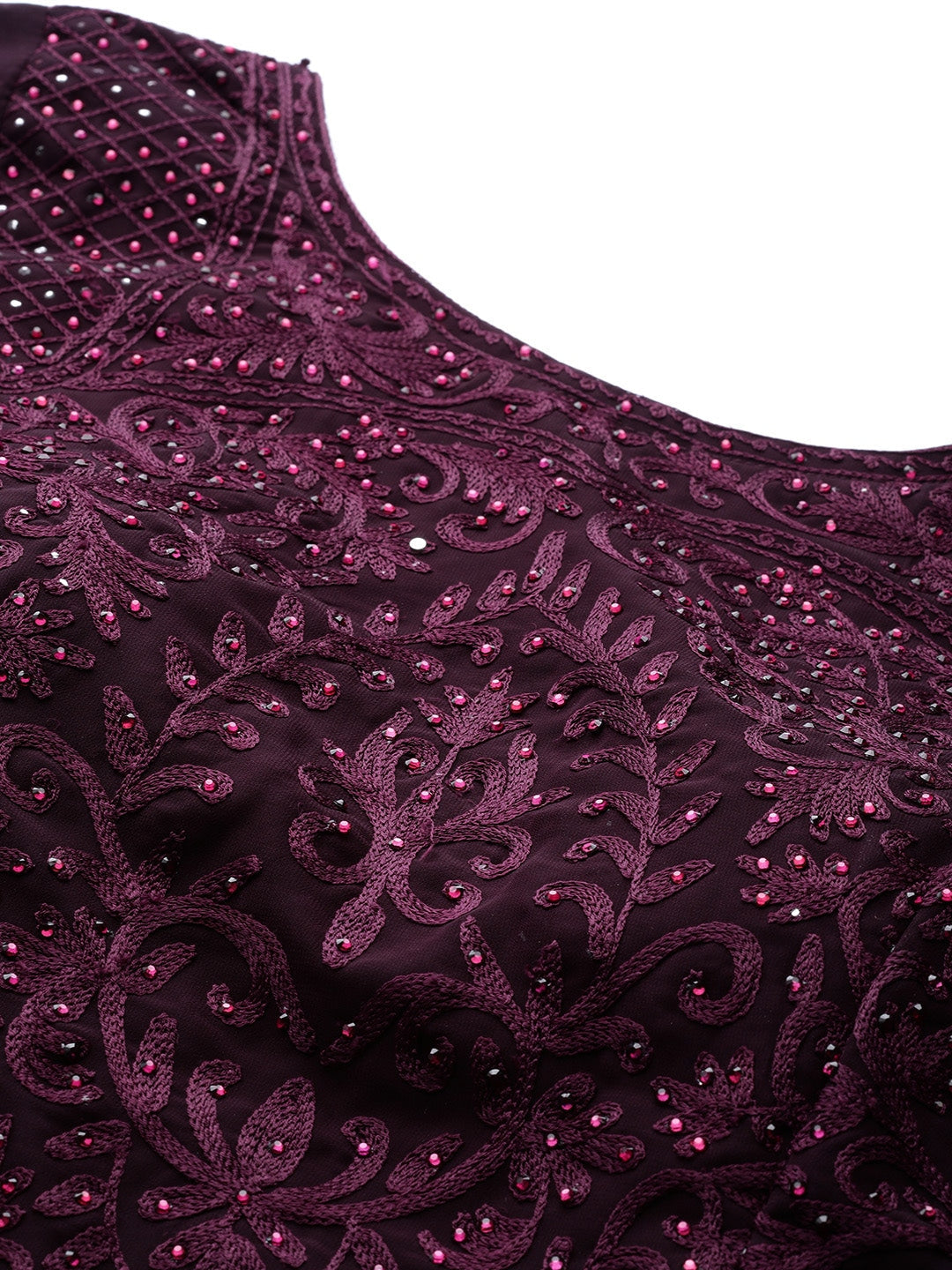 Burgundy Embellished Cocktail Gown with Resham Embroidery & Bell sleeves
