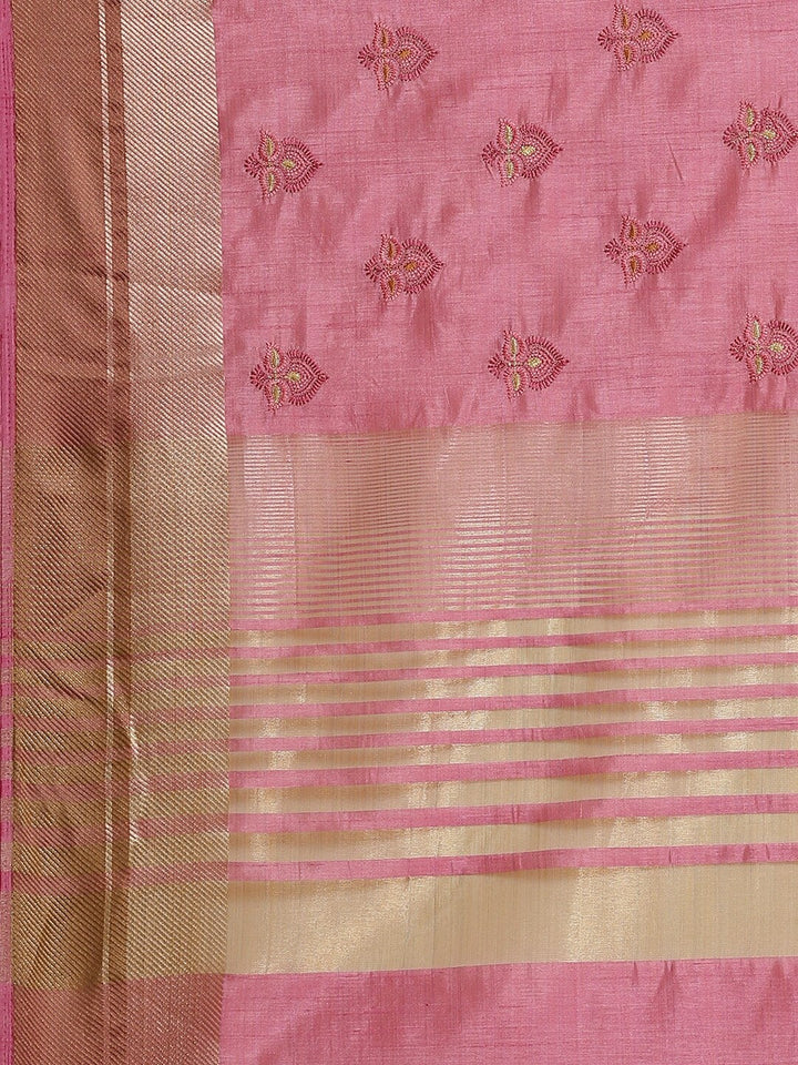 Handloom Chanderi Saree with ReshamEmbroidery intricate Floral Butas &Zari Ethnic Border