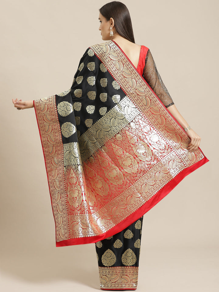 Banarasi Silk Blend Embossed Handloom Saree with Paisley Weaving & Contrast Border,Pallu