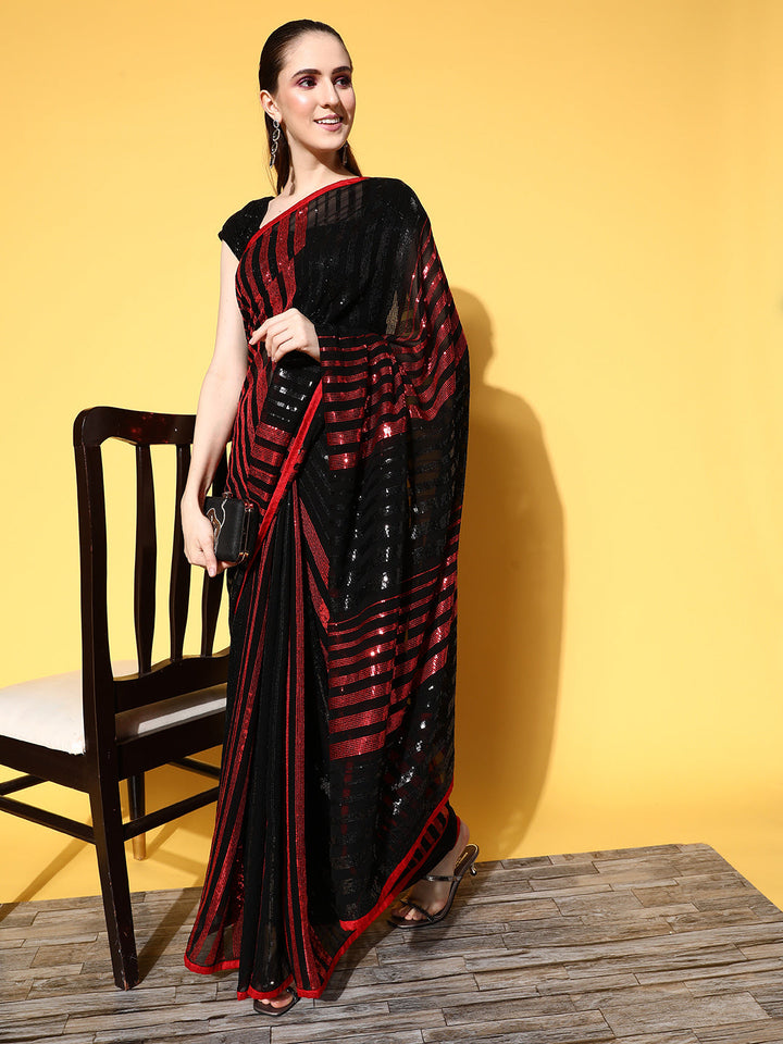 Black Contrast Sequin Embellished Georgette Metallic Cocktail Saree