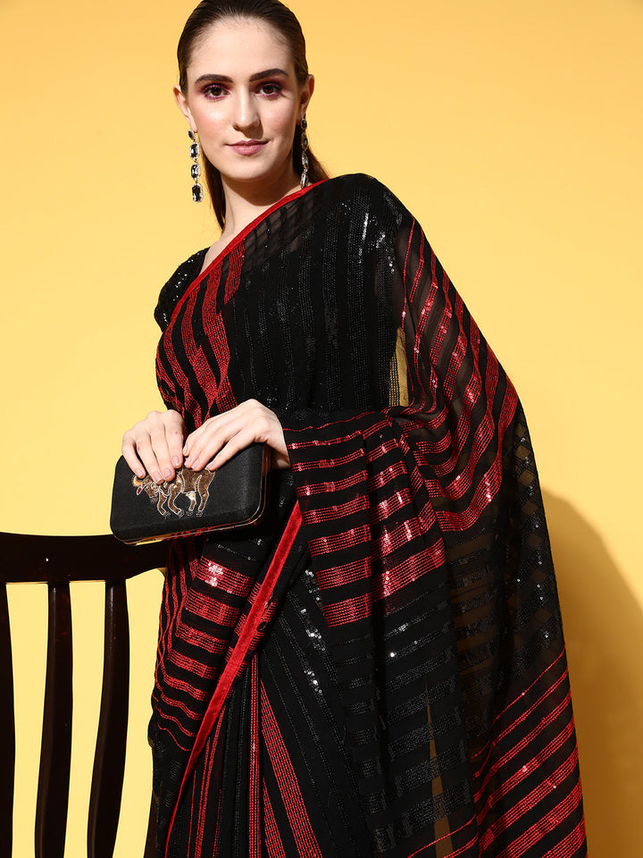 Black Contrast Sequin Embellished Georgette Metallic Cocktail Saree
