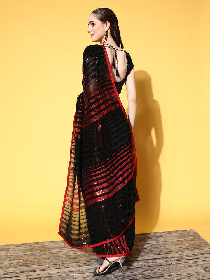 Black Contrast Sequin Embellished Georgette Metallic Cocktail Saree