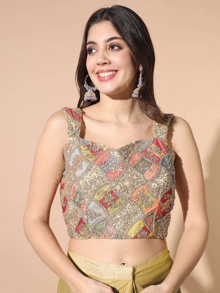 Pre-stitched Embellished Draped Saree With Multicolor Resham Embroidered Blouse