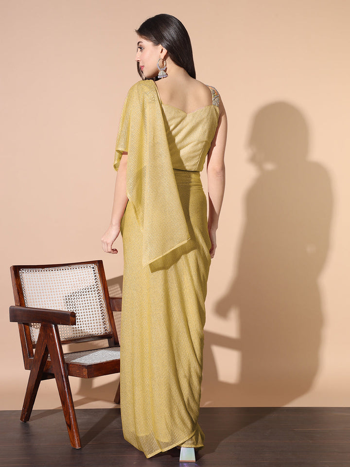 Pre-stitched Embellished Draped Saree With Multicolor Resham Embroidered Blouse