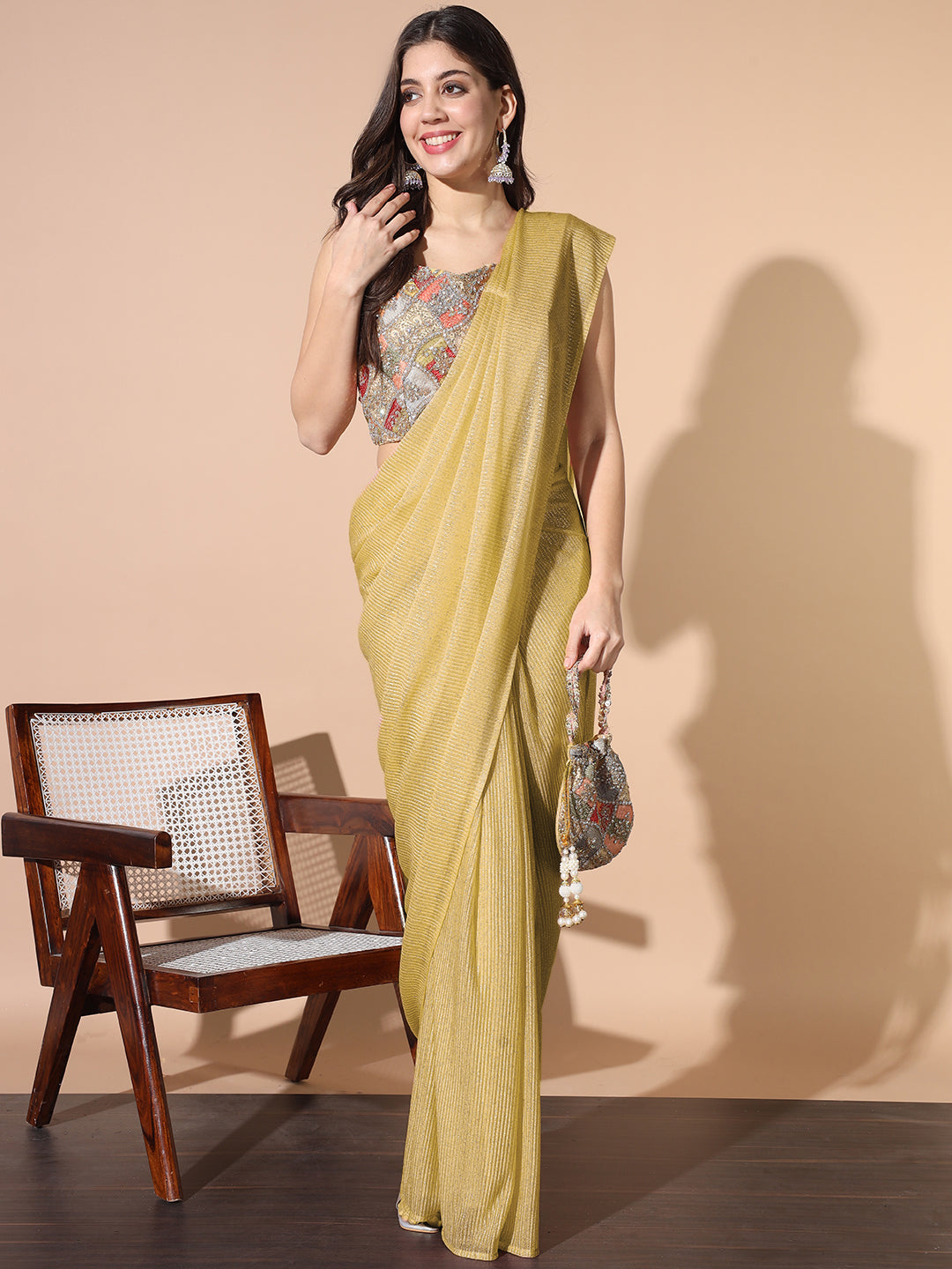 Pre-stitched Embellished Draped Saree With Multicolor Resham Embroidered Blouse