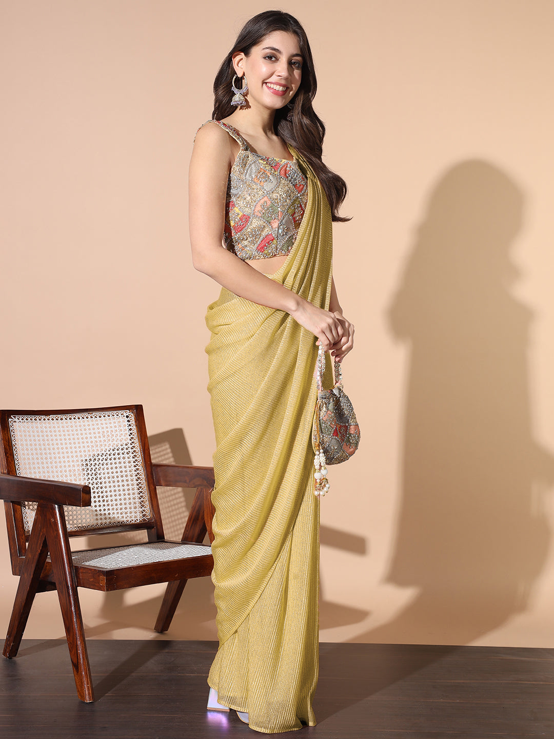Pre-stitched Embellished Draped Saree With Multicolor Resham Embroidered Blouse