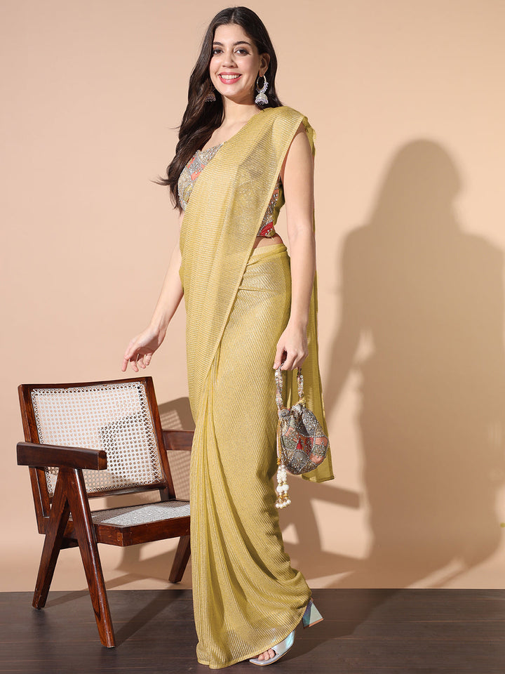 Pre-stitched Embellished Draped Saree With Multicolor Resham Embroidered Blouse