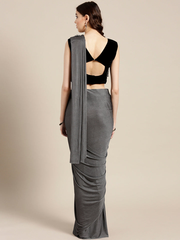 Draped Ruffled Pre-stitched Saree with Embellished Velvet Tassled Crop Top Blouse