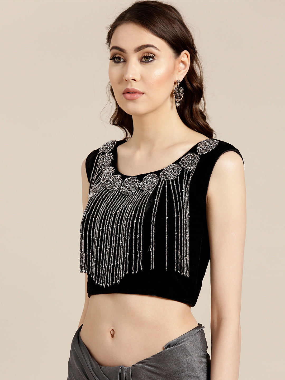 Draped Ruffled Pre-stitched Saree with Embellished Velvet Tassled Crop Top Blouse