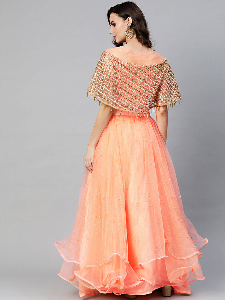 Cape Style Tassled Crop Top Blouse and foil print layered lehenga
