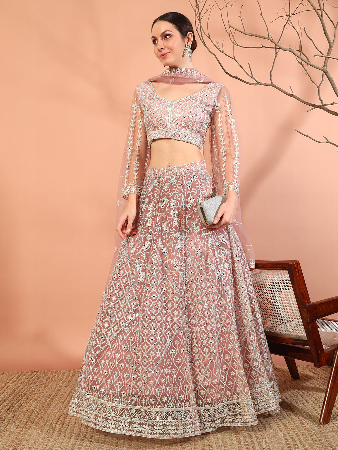 Chhabra 555 Pink Embroidery & Mirror Work Choli With Embroidered Lehenga Set & Embellished Dupatta
