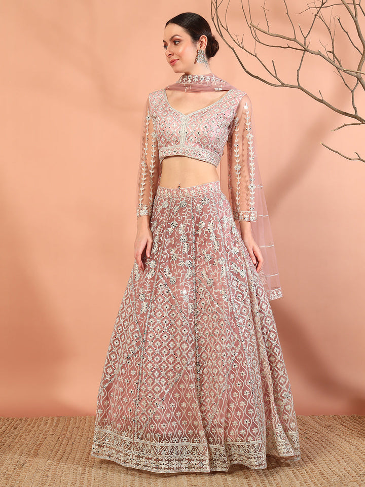 Pink Embroidery & Mirror Work Choli With Embroidered Lehenga Set & Embellished Dupatta