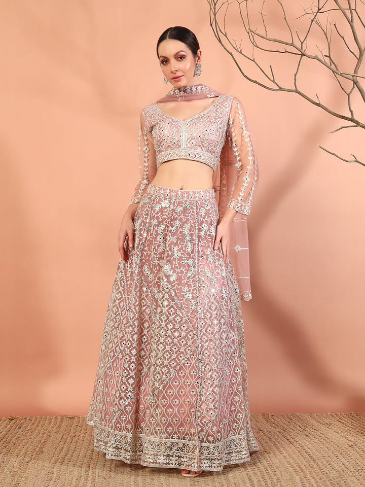Pink Embroidery & Mirror Work Choli With Embroidered Lehenga Set & Embellished Dupatta