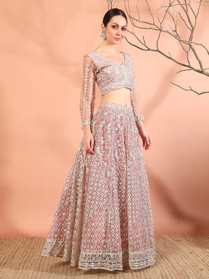 Pink Embroidery & Mirror Work Choli With Embroidered Lehenga Set & Embellished Dupatta