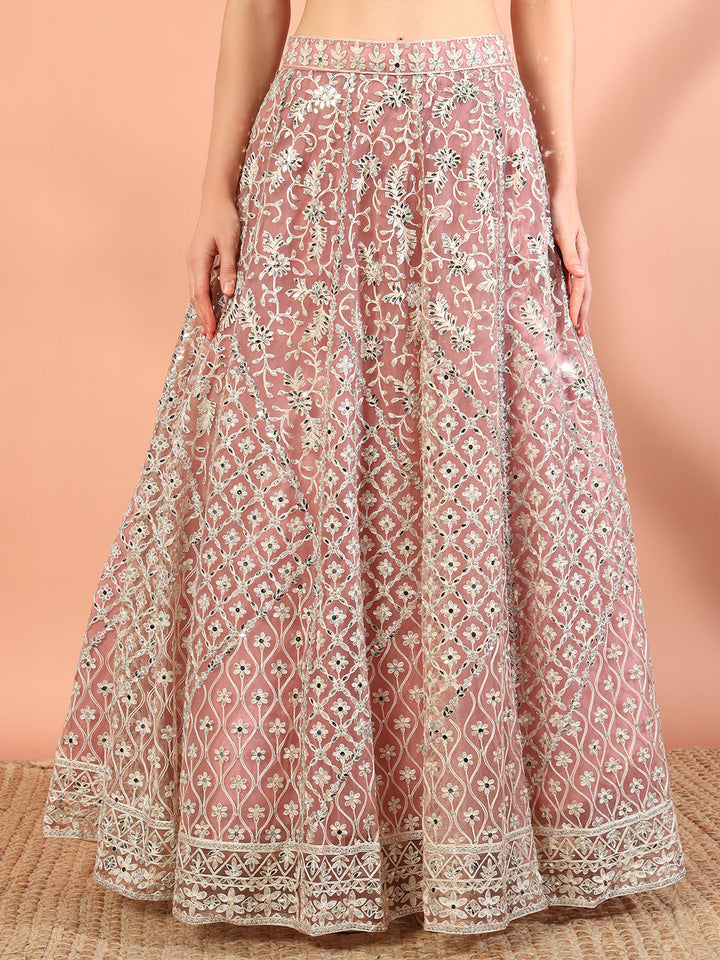 Pink Embroidery & Mirror Work Choli With Embroidered Lehenga Set & Embellished Dupatta