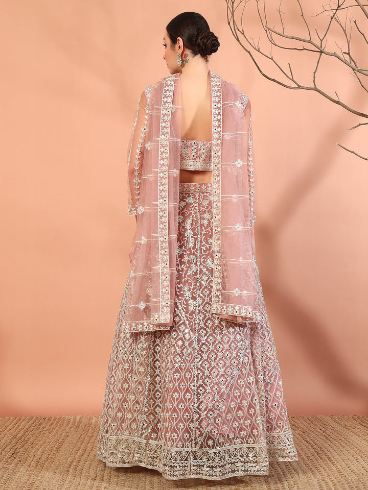 Pink Embroidery & Mirror Work Choli With Embroidered Lehenga Set & Embellished Dupatta