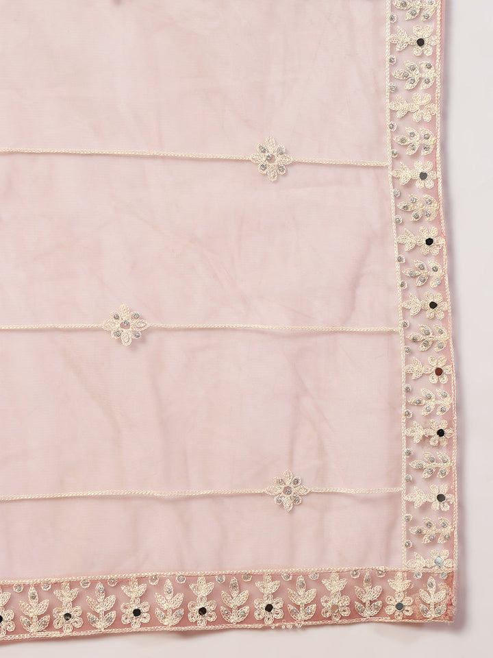 Pink Embroidery & Mirror Work Choli With Embroidered Lehenga Set & Embellished Dupatta