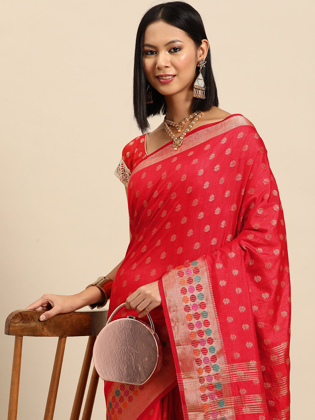 Red Resham & Zari Woven Bordered Silk Saree with Ethnic Motifs