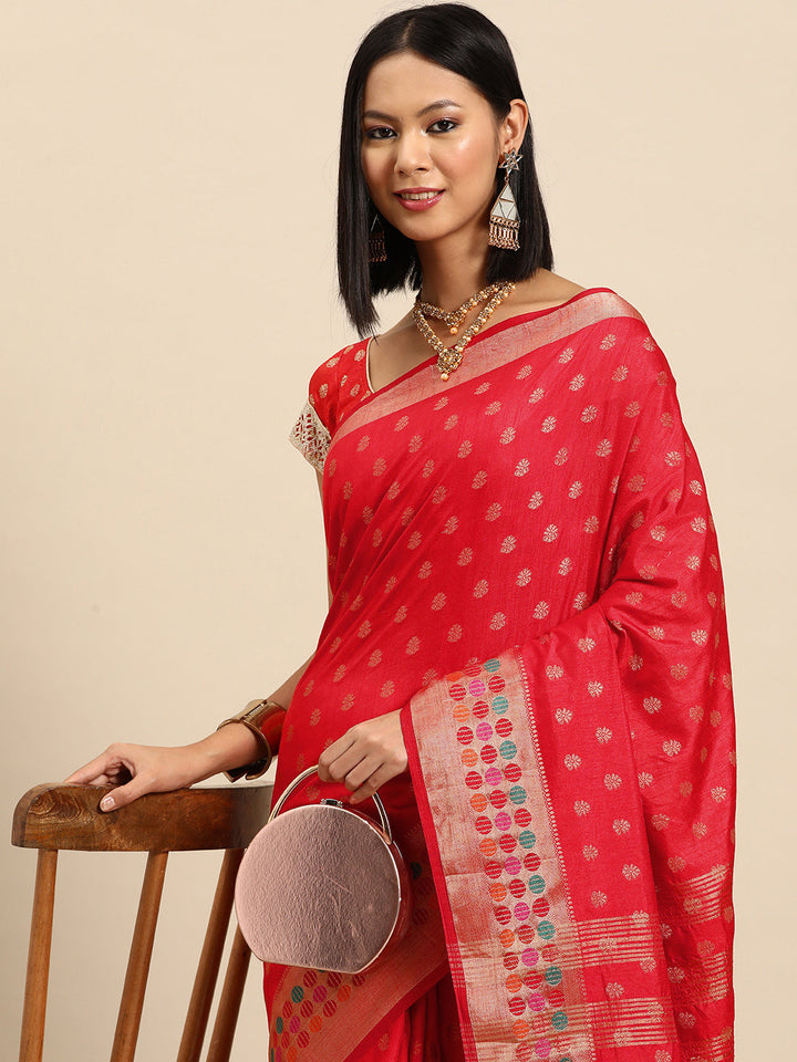 Red Resham & Zari Woven Bordered Silk Saree with Ethnic Motifs