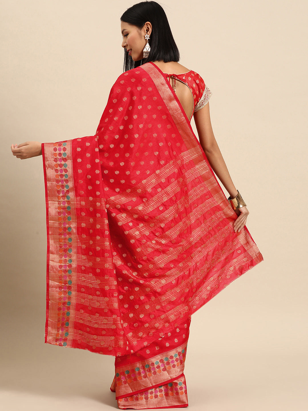 Red Resham & Zari Woven Bordered Silk Saree with Ethnic Motifs